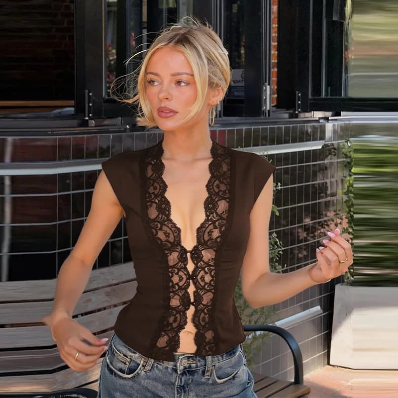 Nouveau gilet en dentelle français 2026 avec boutons ajourés tendance, gilet sans manches cintré à l