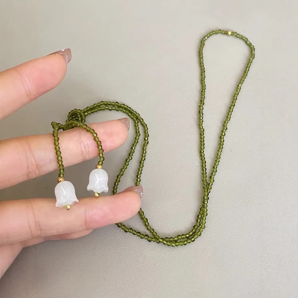 Collier de perles Vintage de muguet, chaînes de pull vert perle, collier en cristal, ras du cou, cad