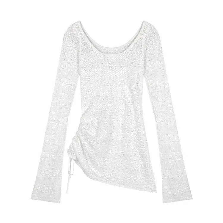 Pull à manches longues en maille sexy pour femmes, haut de protection solaire de type fin, fleur cre