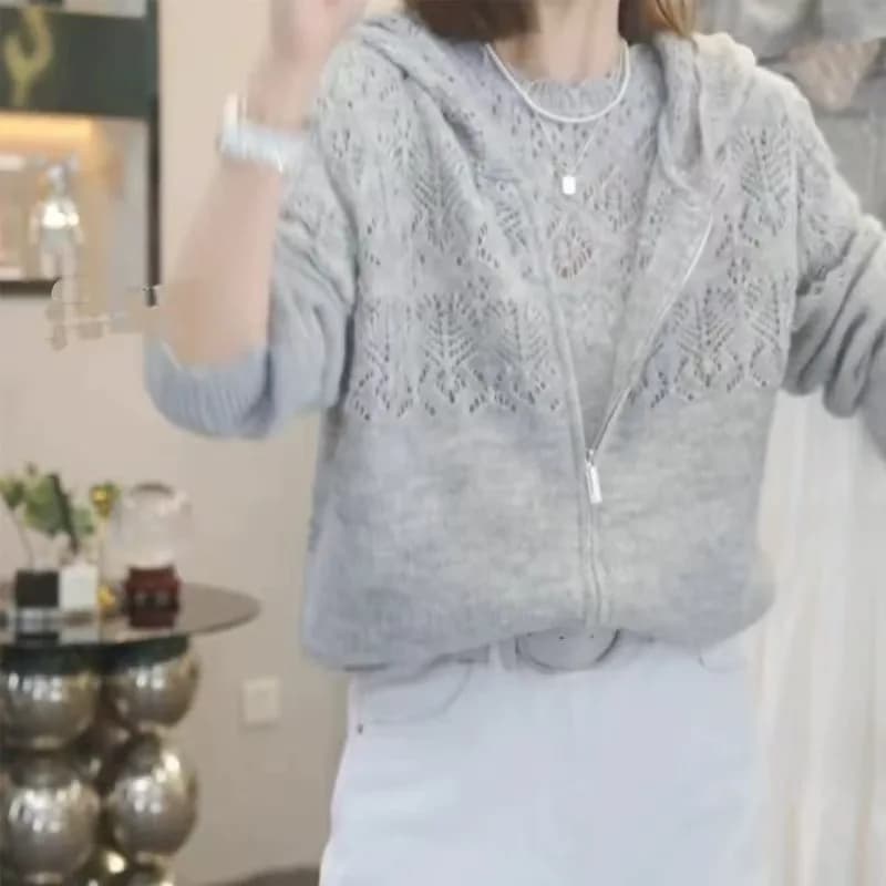 Cardigan tricoté à capuche creuse pour femmes au printemps 2025, nouveau Style, veste de Protection 