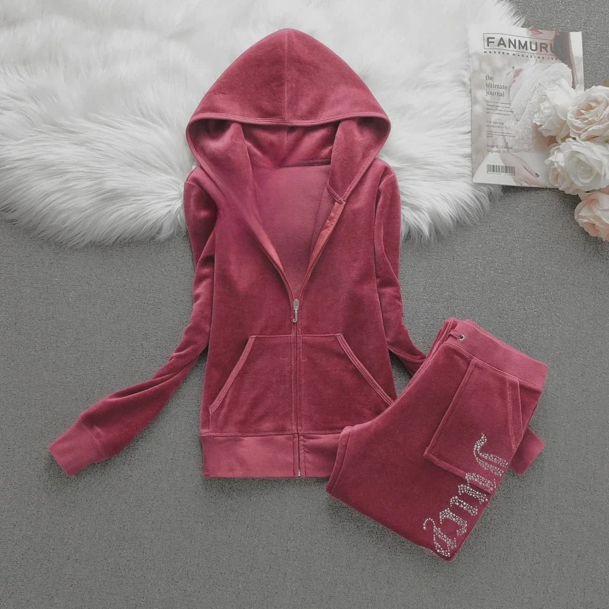 Survêtement d'hiver en velours pour femme, survêtement juteux, ensemble sweat à capuche et pantalon 
