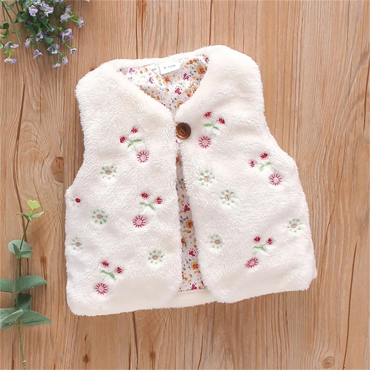 Gilet en fourrure pour filles de 0 à 3 ans, manteau chaud sans manches avec broderie de fleurs douce