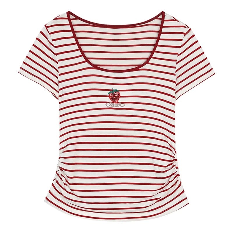 ELFSACK T-shirt rayé à col en U avec broderie fraise, coupe ajustée, côtés froncés, haut d'été décon