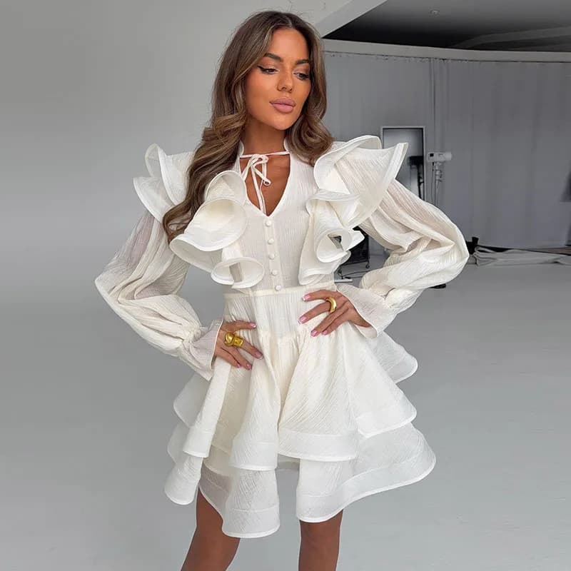 Robe Courte Femme à Volants Col V avec Nœud à la Taille Manches Bouffantes Ourlet Superposé à Volant
