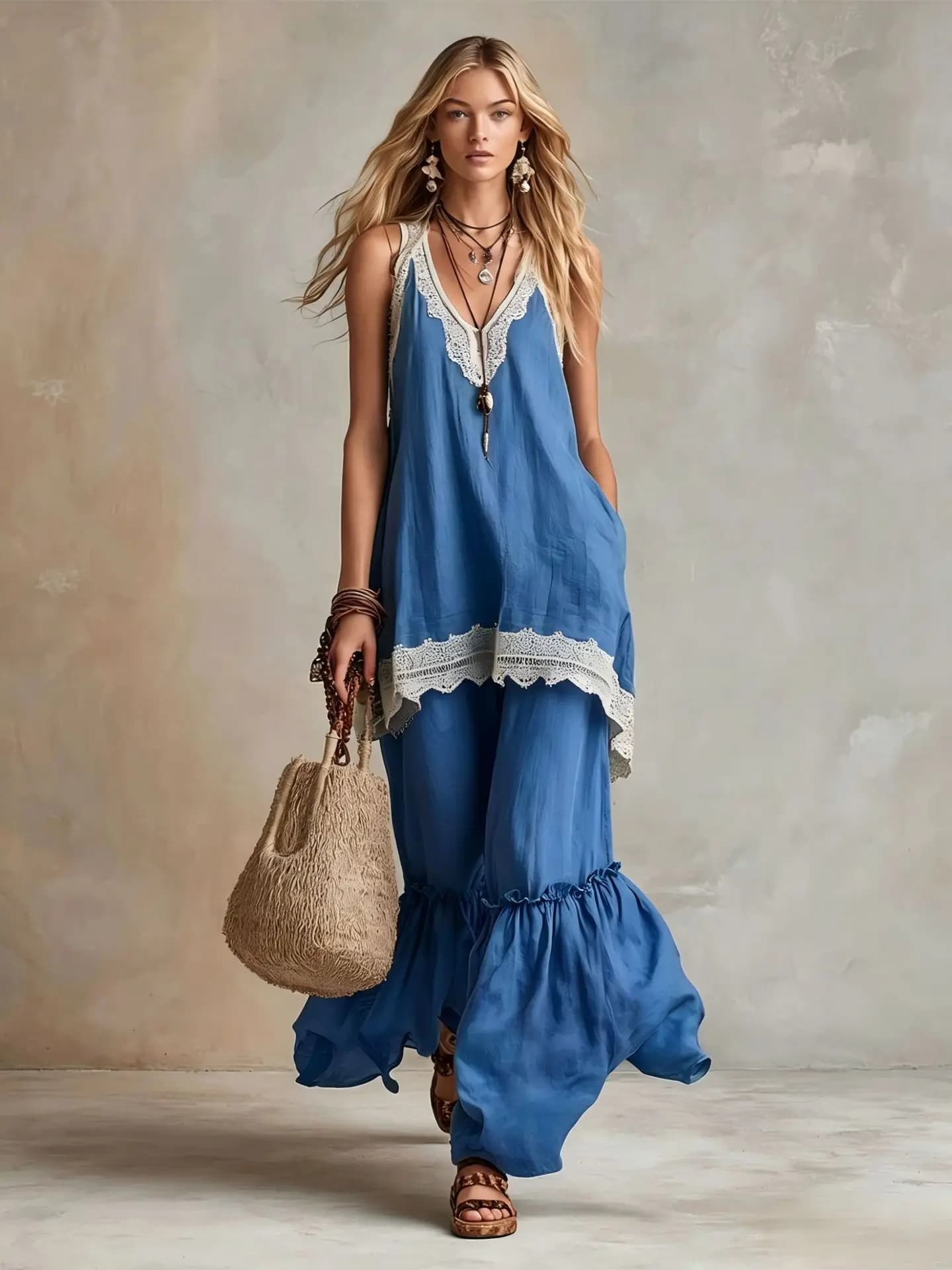 Ensemble deux pièces vintage bohème pour femme, idéal pour les vacances d'été : débardeur ample sans