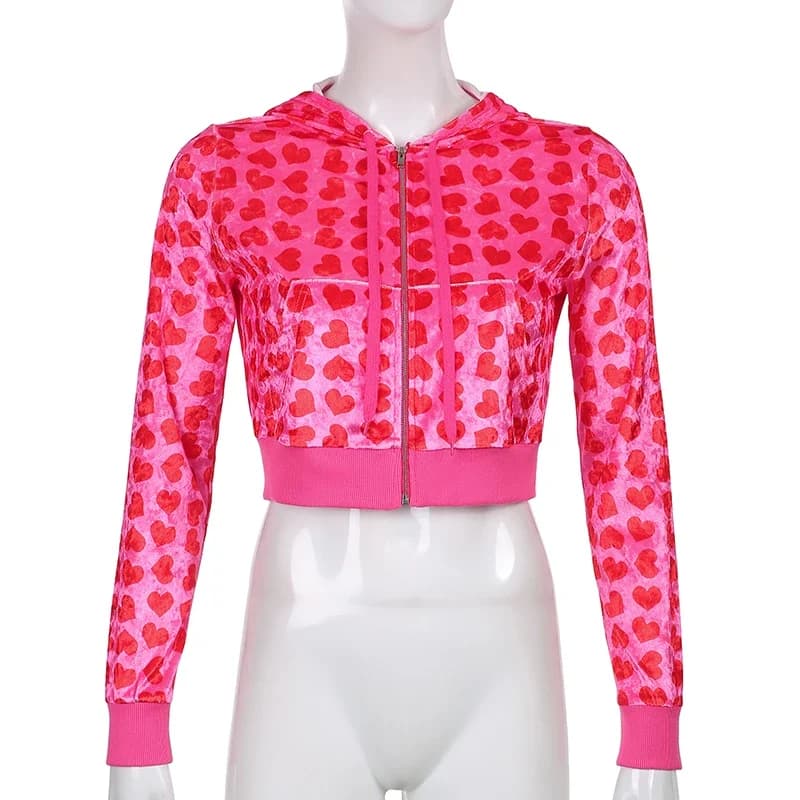Femmes velours coeur imprimé survêtements fermeture éclair manches longues recadrée vestes à capuche