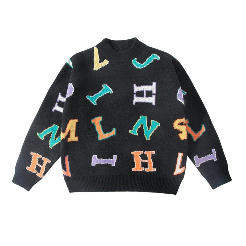 Pull noir rétro avec lettres pour enfants, vêtements de rue pour garçons, pull élégant, tricots déco