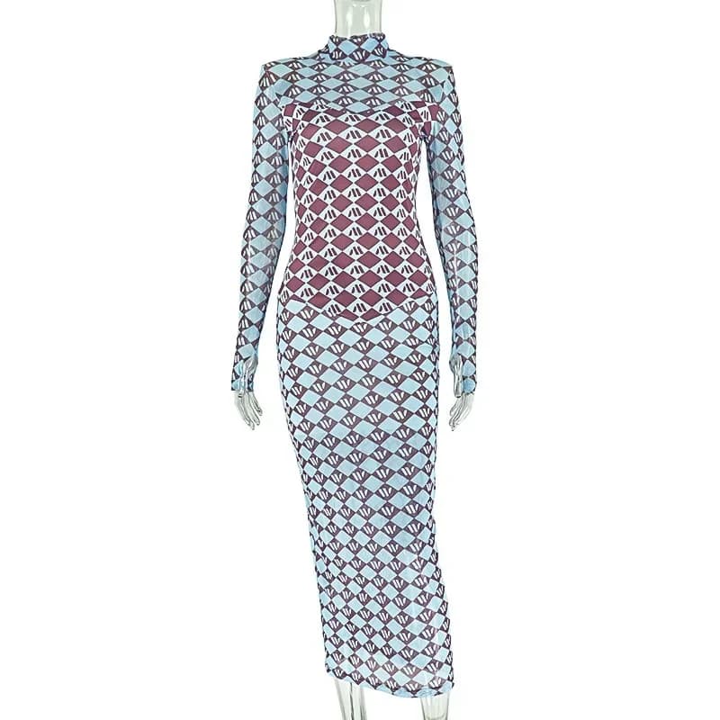 Robe crayon à col roulé à manches longues pour femme, imprimé à carreaux, légèrement transparente, s