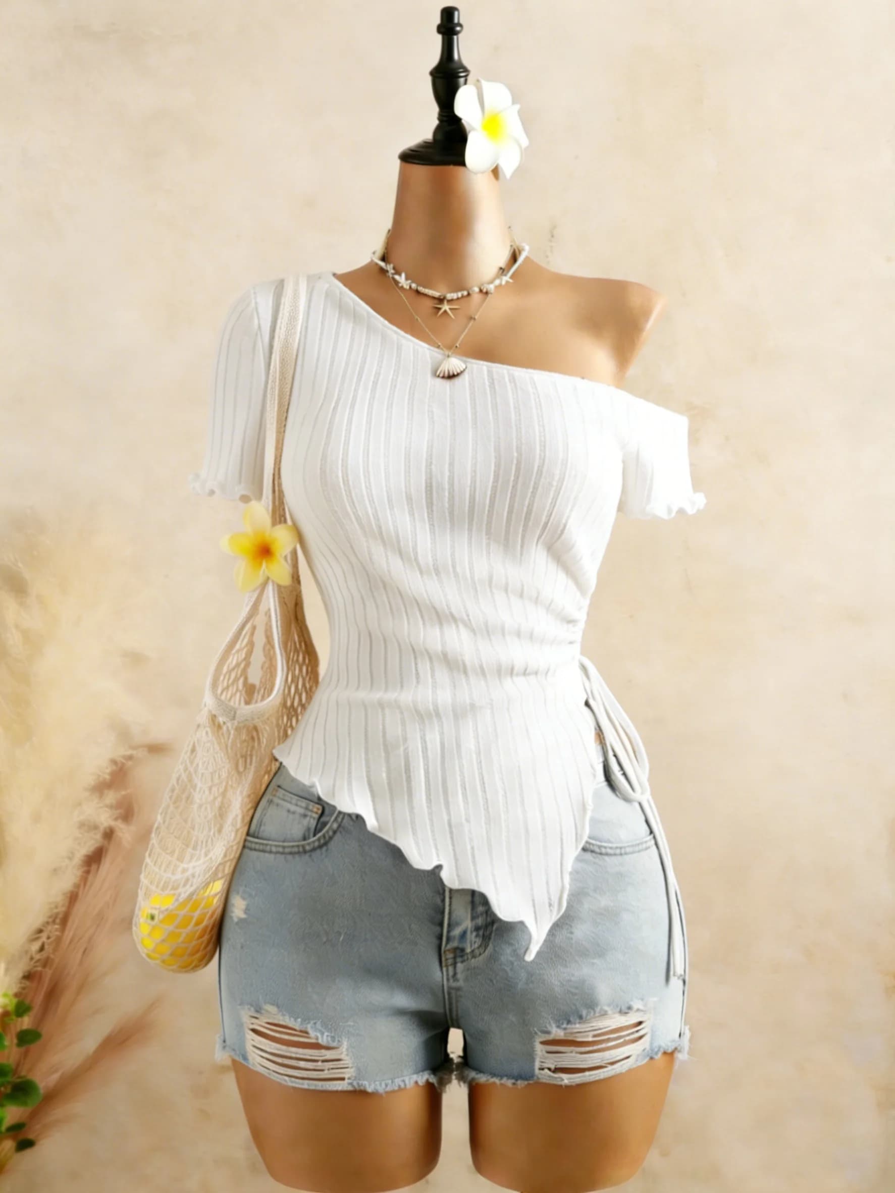Haut asymétrique côtelé à une épaule pour femme, décontracté, à manches courtes, avec ourlet à volan