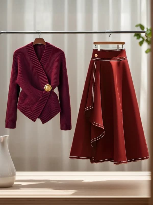 Pull tricoté rouge pour femmes, vêtements d'automne/hiver, nouvelle jupe longue légère de luxe, ense