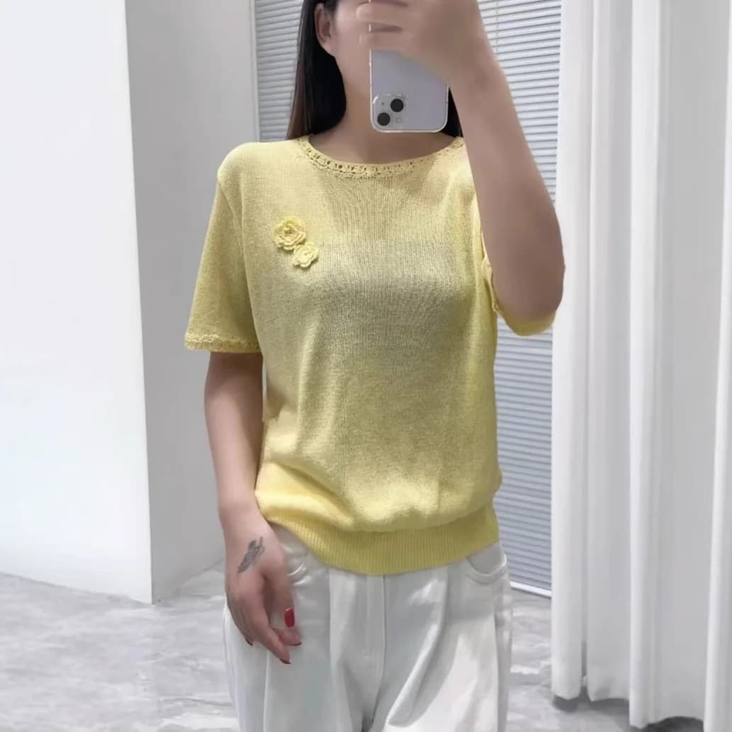 Pull tricoté à col rond pour femmes, manches courtes, décoration florale 3D, haut élégant pour le bu