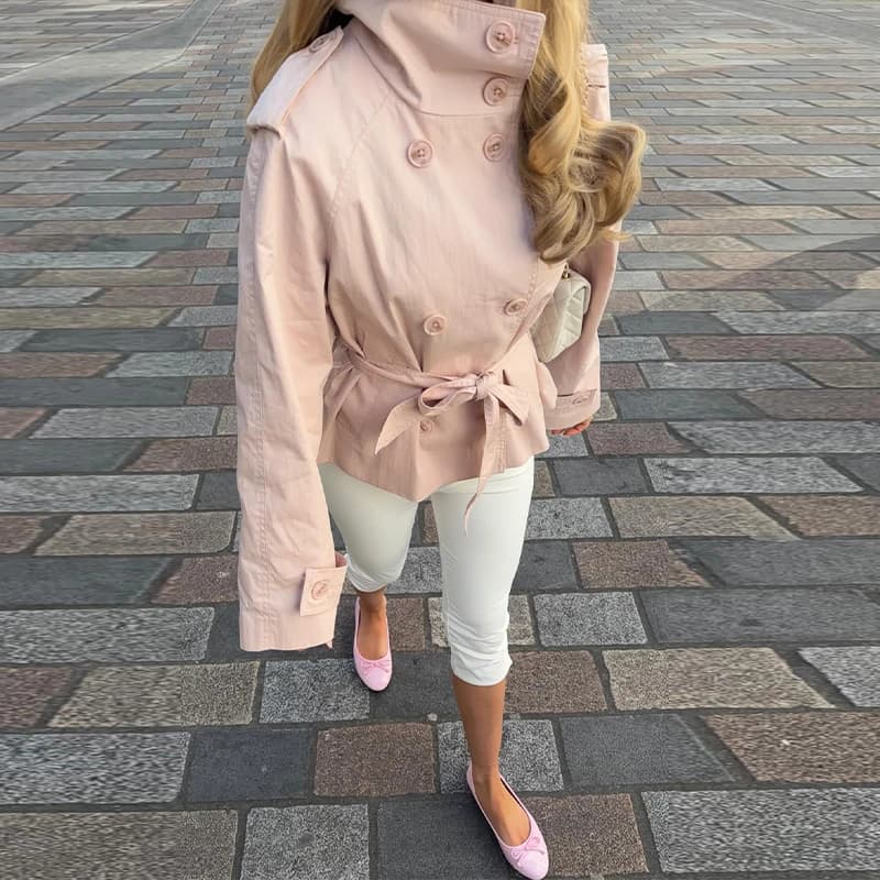 Trench-coat court chic et minimaliste rose, style rétro classique, polyvalent et tendance, pour femm