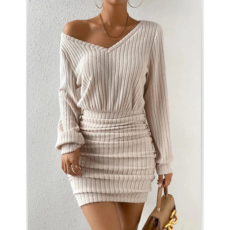 Femmes automne hiver tricoté pull Mini Robe femme décontracté solide enveloppement col en v à manche