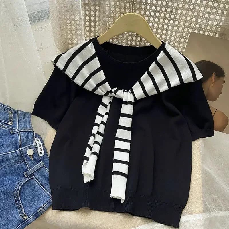 Pull tricoté blanc à manches courtes pour femmes, nouveau Style d'été, avec châle rayé, Niche, T-shi