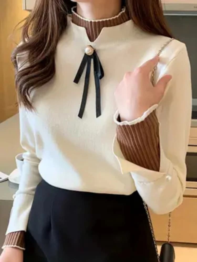 Pull tricoté à manches longues pour femme, vêtement tricoté avec nœud doux, Slim, couleur unie, couc