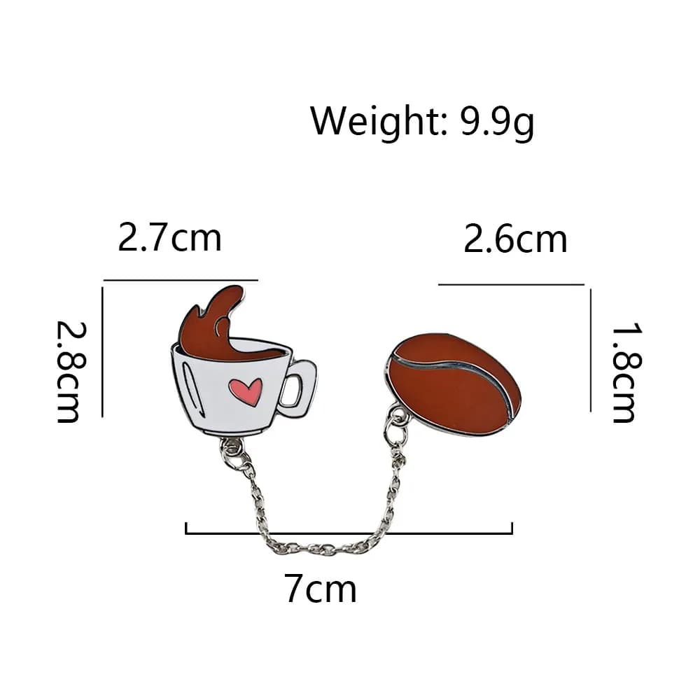 Broche en émail mignonne en forme de grain de café avec chaîne, cœur d'amour et tasse à café, badges
