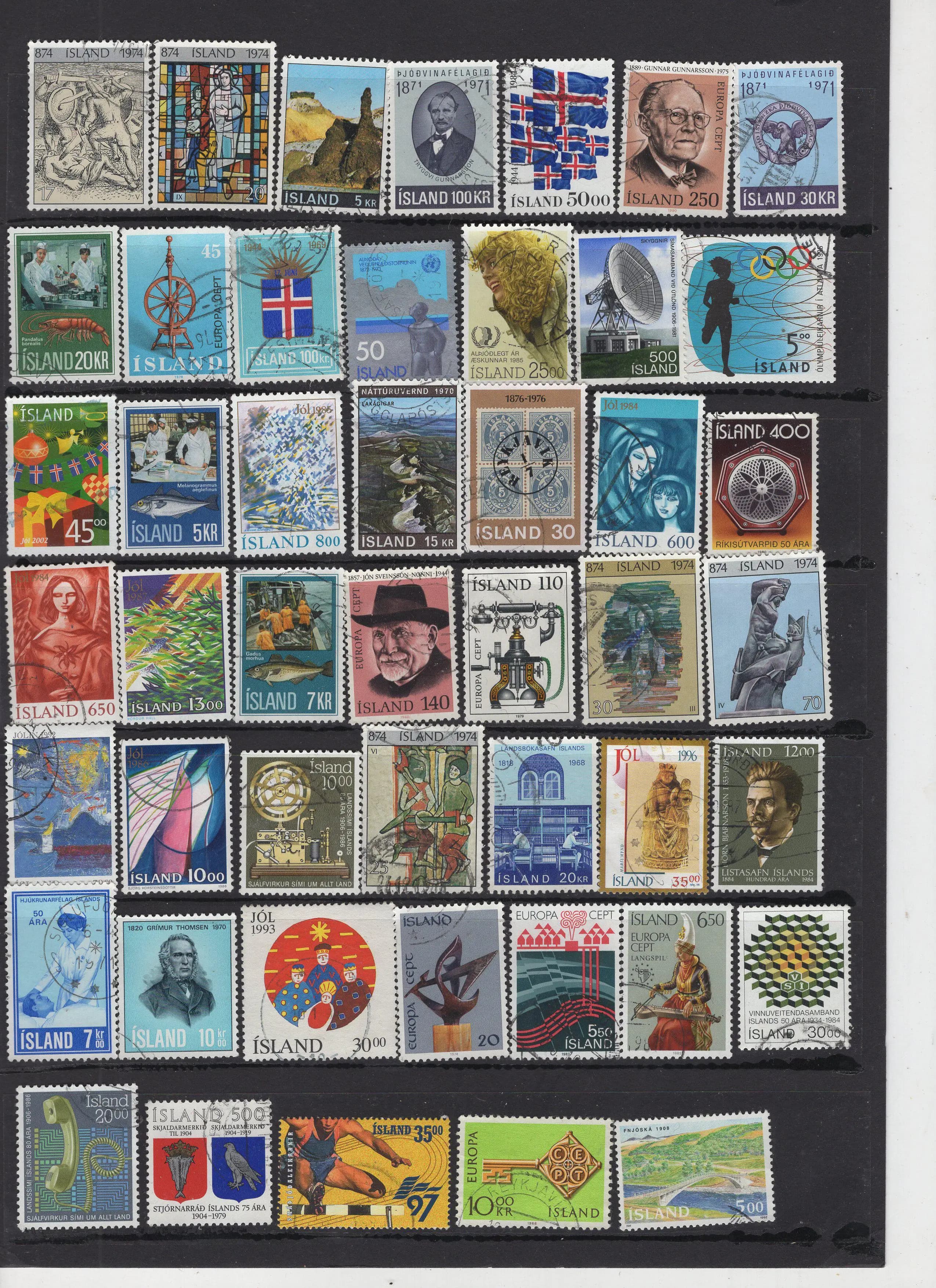 100 timbres postaux de l'Islande, différents timbres postaux de l'île, véritables timbres postaux à 