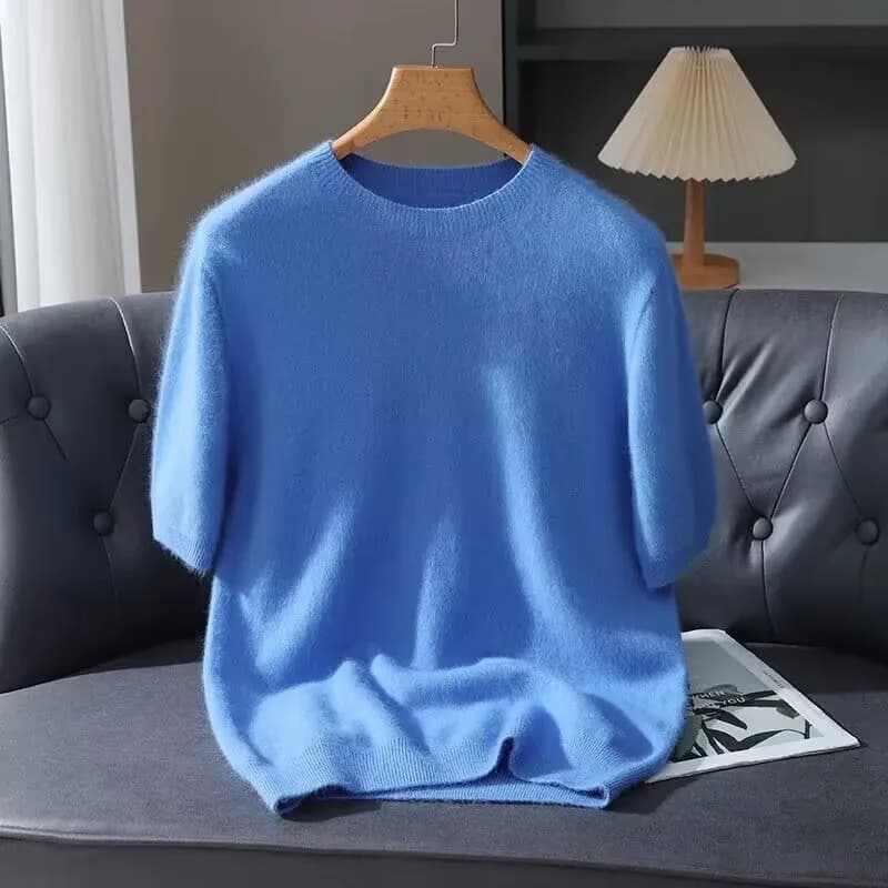Pull à manches courtes pour hommes, pull d'été en tricot de vison, ample, col rond, couleur unie, de