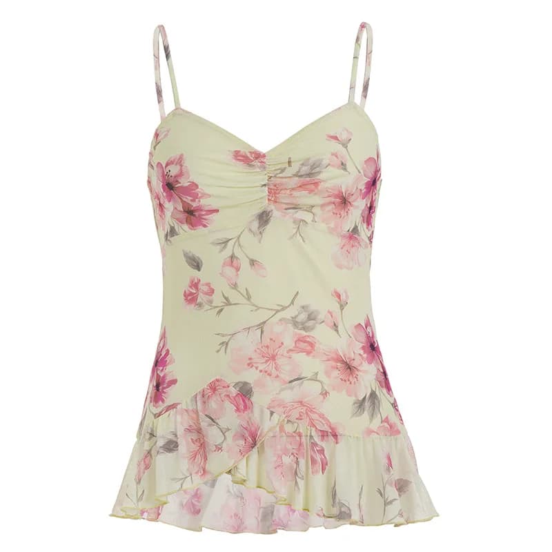 Débardeur Femme Style Vacances Imprimé Floral Coupe Trapèze Col en V Bordure Volantée Noire Coupe Aj
