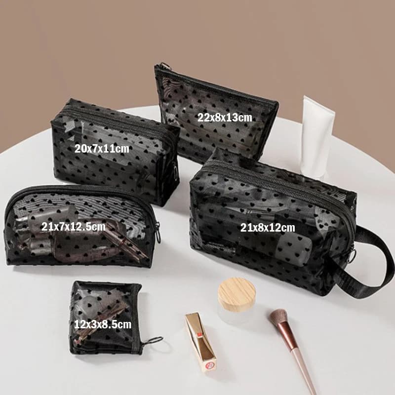 Sac de maquillage en maille transparente en forme de cœur, pochette de rangement de cosmétiques Port