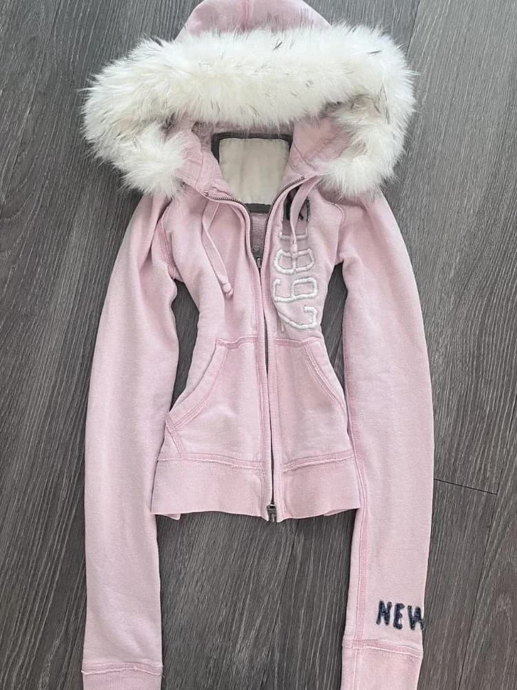 Sweat à capuche Vintage américain rétro pour femme, couleur unie, doublure en fausse fourrure, ferme