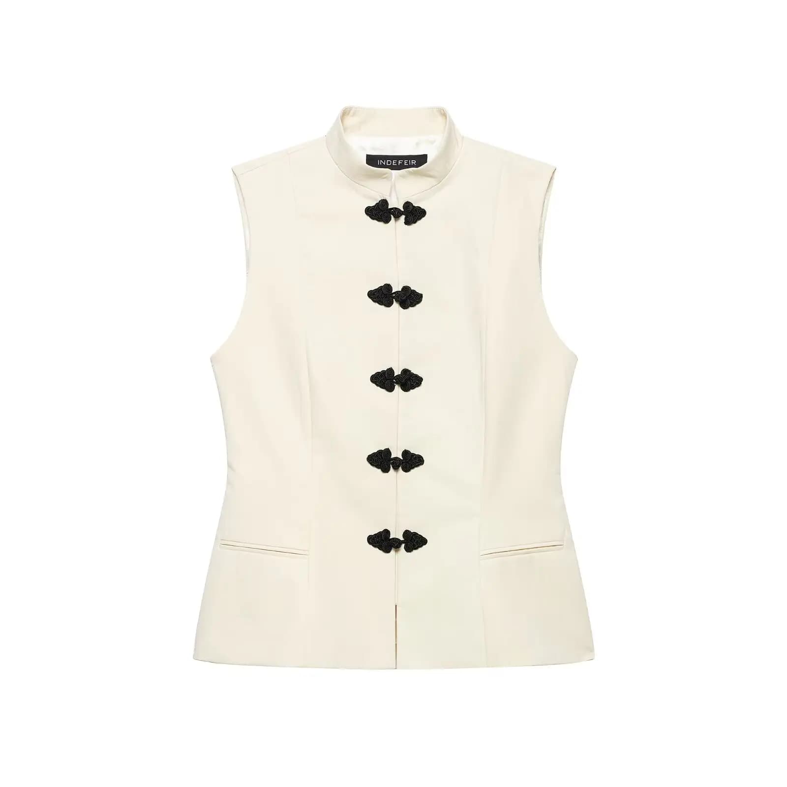 HH Gilet élégant d'été sans manches de style chinois pour femme, col montant, coupe ajustée, en tiss