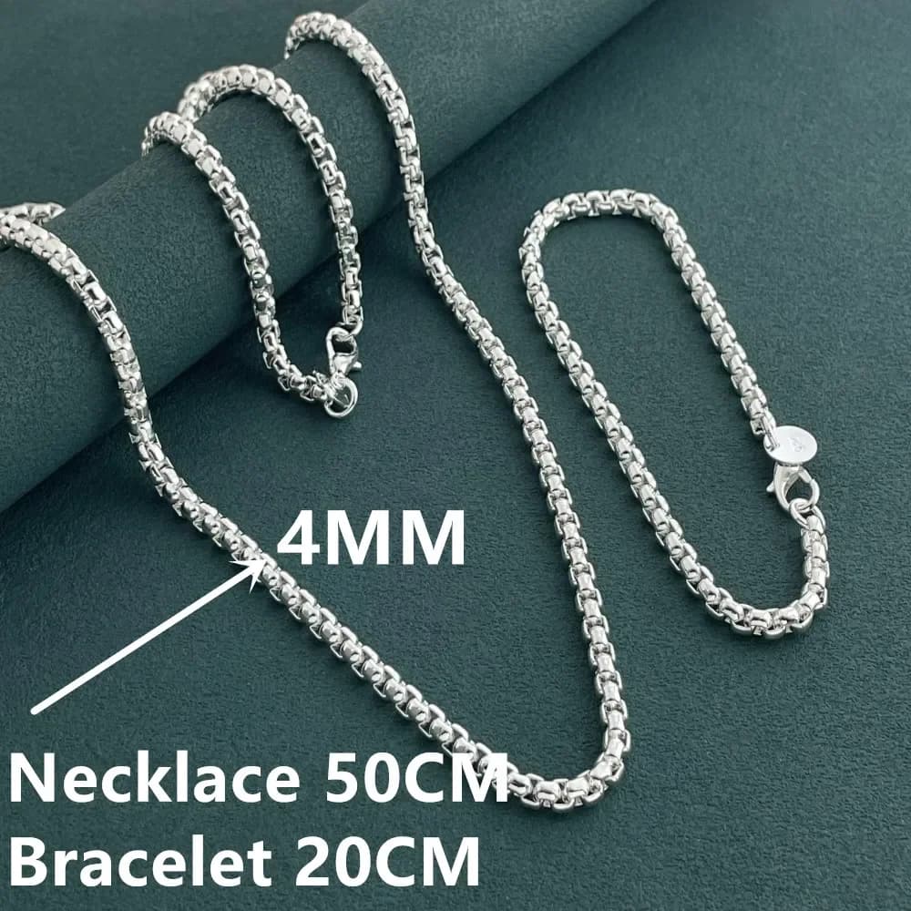 925 argent Sterling 4mm boîte ronde chaîne vénitienne Bracelet collier ensemble de bijoux usage quot