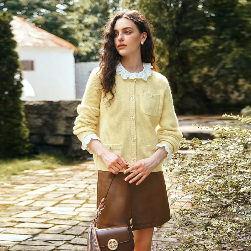 OLrain Cardigan en tricot jaune pour femme, nouvelle collection automne 2026, col rond, élégant, sty