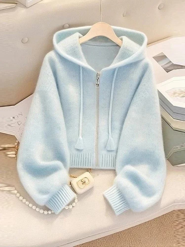 Cardigan bleu doux pour femmes, chandails à manches longues, veste élégante, design doux, vêtements 