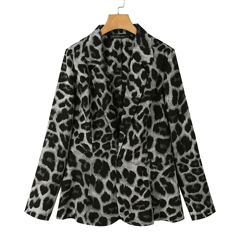 ZANZEA Blazer léger imprimé léopard pour femme automne revers cranté manches longues avec épaulière 