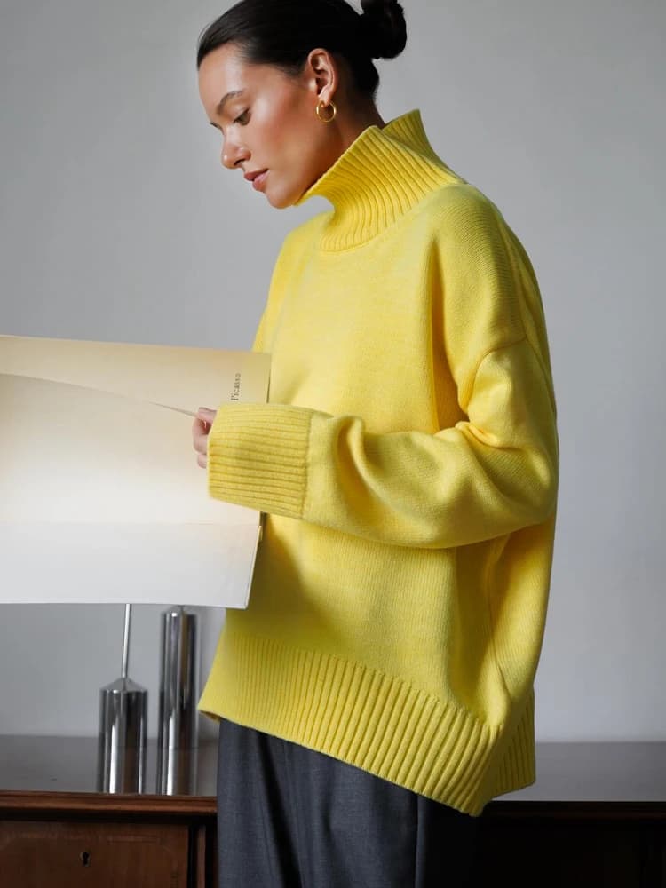 Pull tricoté surdimensionné à col haut pour femme, pull Vintage jaune, doux et chaud, rouge, automne