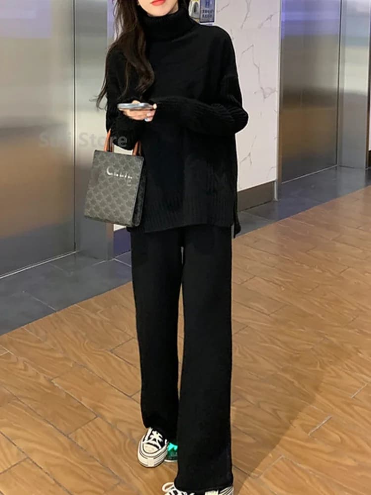 Ensemble pull chaud pour femmes, costumes tricotés d'hiver, ensemble 2 pièces, pull à col roulé soli