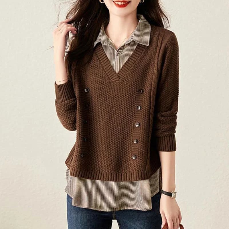 Pull en maille à effet deux pièces pour femme, avec col chemise et empiècements, style coréen ample 