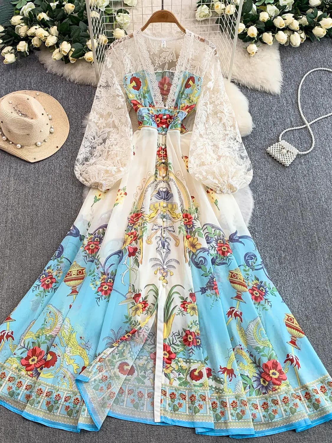 Robe élégante et sexy en dentelle patchwork à col en V pour femme, imprimé floral rétro, taille cint