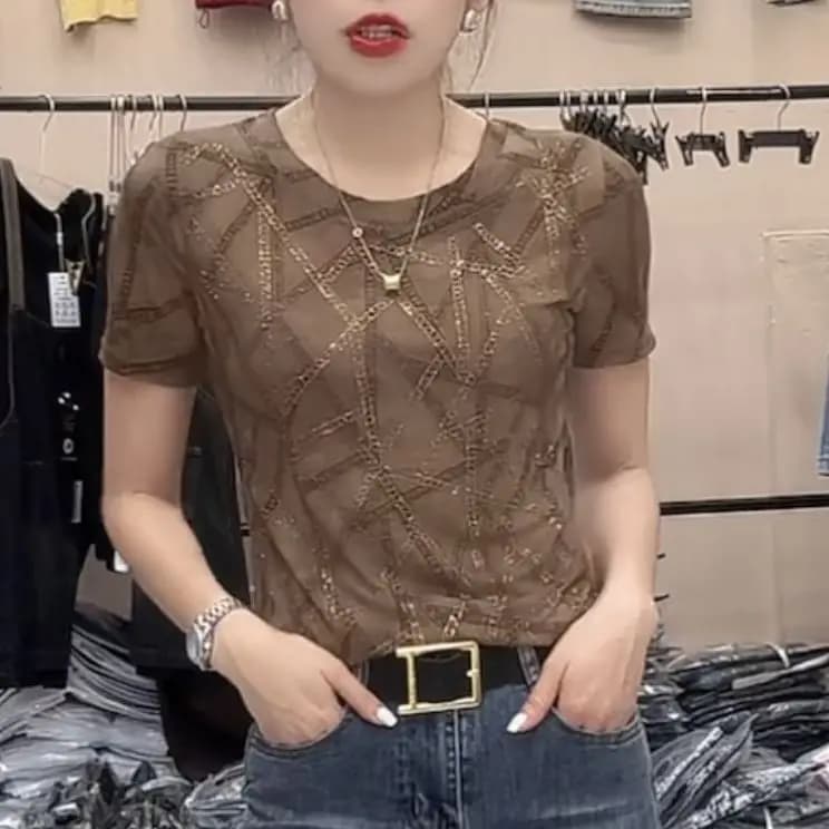 T-shirt en maille diamant 2025, manches courtes, amincissant, tenue d'été à la mode pour les déplace