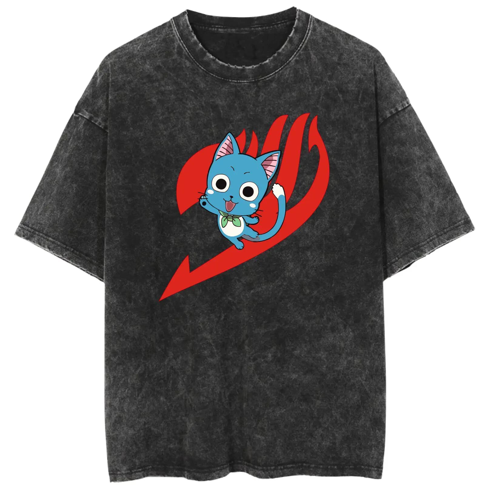 T-shirt délavé vintage avec logo du Groupe des Happy Cat de Fairy Tail, collection été 2026, tee-shi