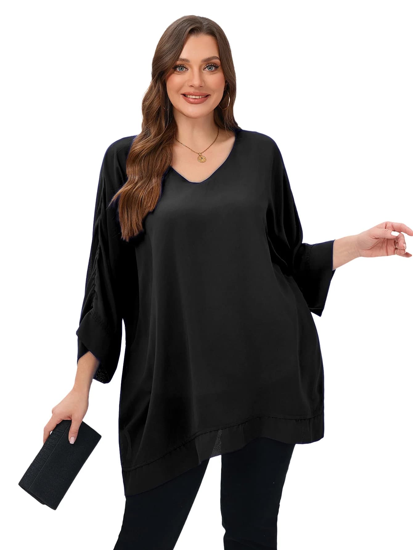 Femmes 3/4 manches été printemps élégant en mousseline de soie Blouse ample surdimensionné Cape Blou