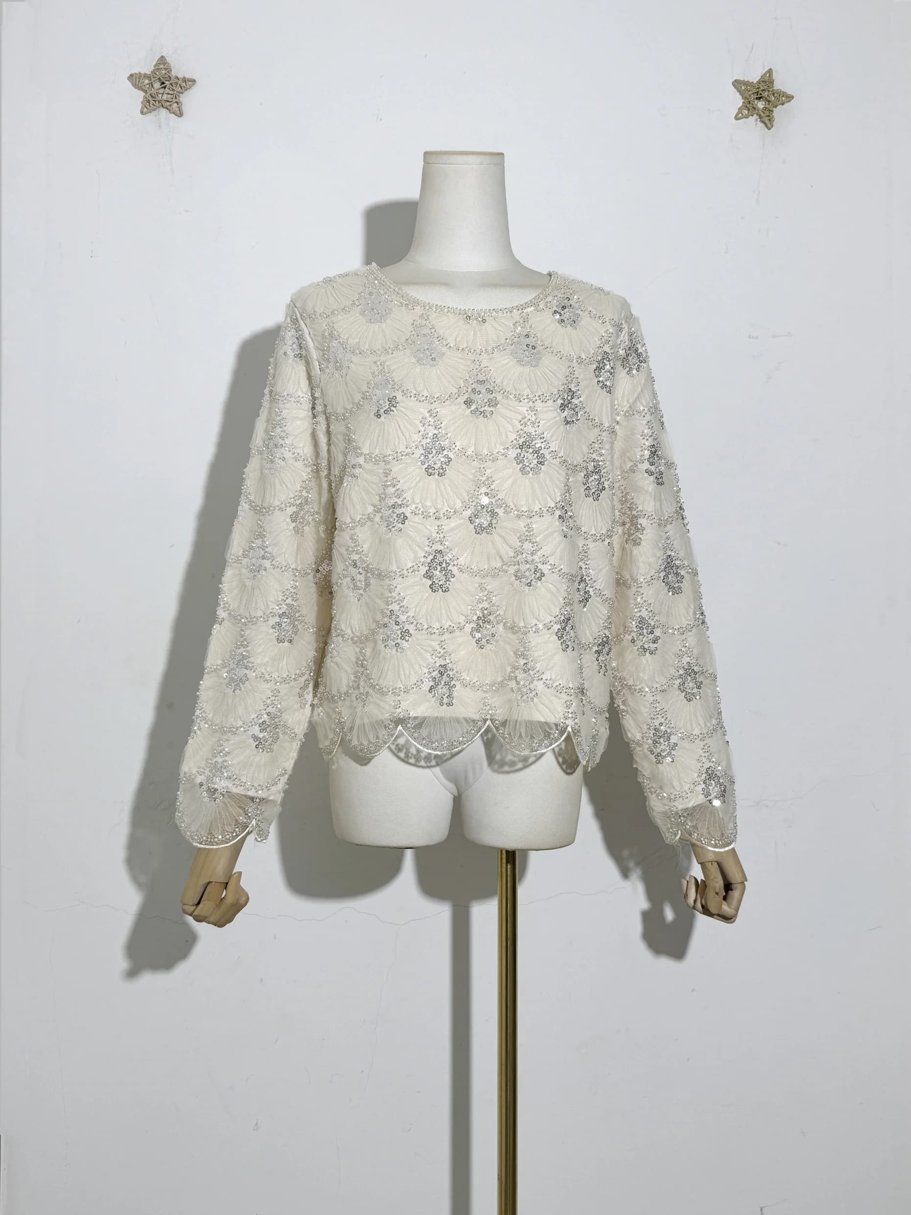 Nouveau dentelle femmes à manches longues col rond perle paillettes et perles embellissement ourlet 