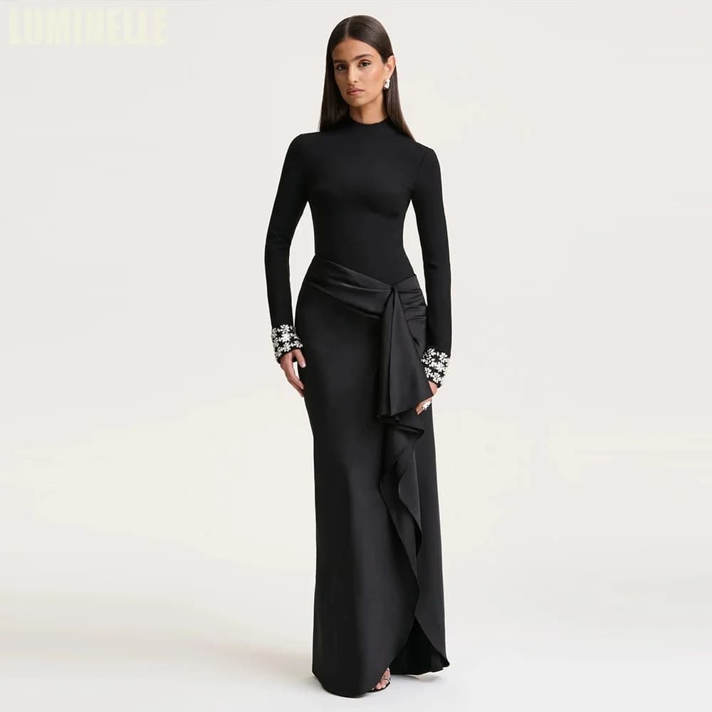 Robes de bal noires à col montant pour femmes, style fourreau, manches longues, formelles، فساتين سه