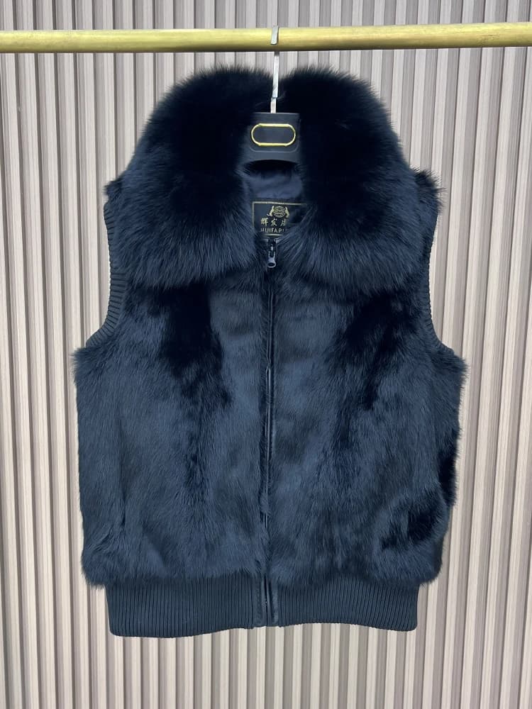 Femmes véritable réel lapin fourrure gilet manteau tricot hiver col de fourrure de renard veste de f