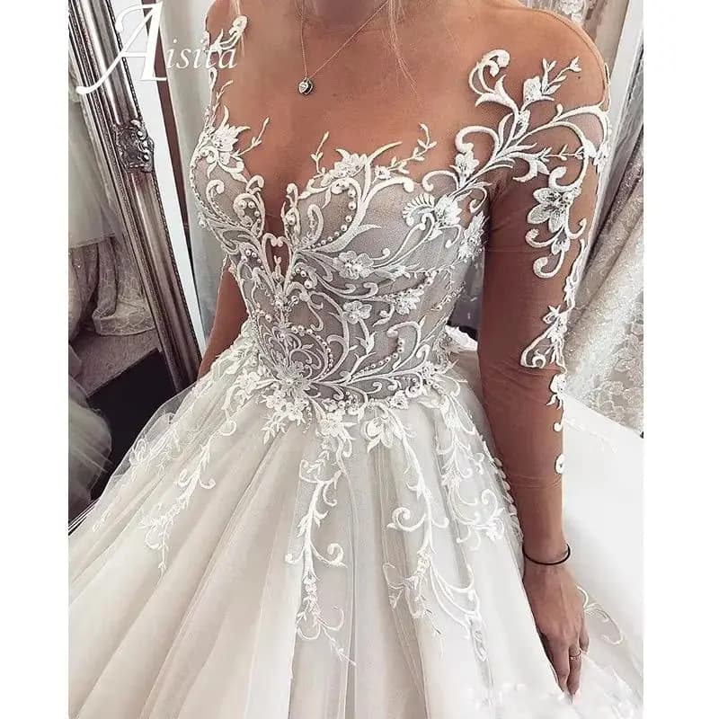 Robe de mariée en dentelle personnalisée, col rond, manches longues, robe de mariée princesse, Illus