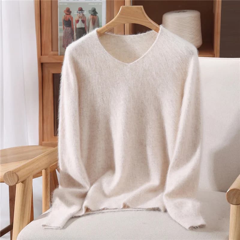 Automne hiver femmes col en v pull 100% pur vison cachemire tricoté pull pull décontracté mode ample