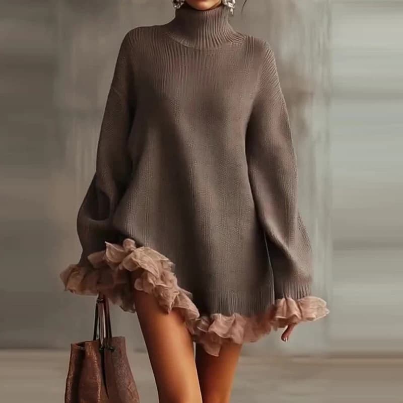 Nouvelle mode à manches longues col roulé robe pull femmes automne hiver à volants Patchwork tricoté