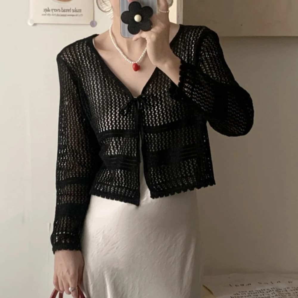 Cardigan en tricot à nouer devant pour femme, manches longues, léger, style chemisier en dentelle, p