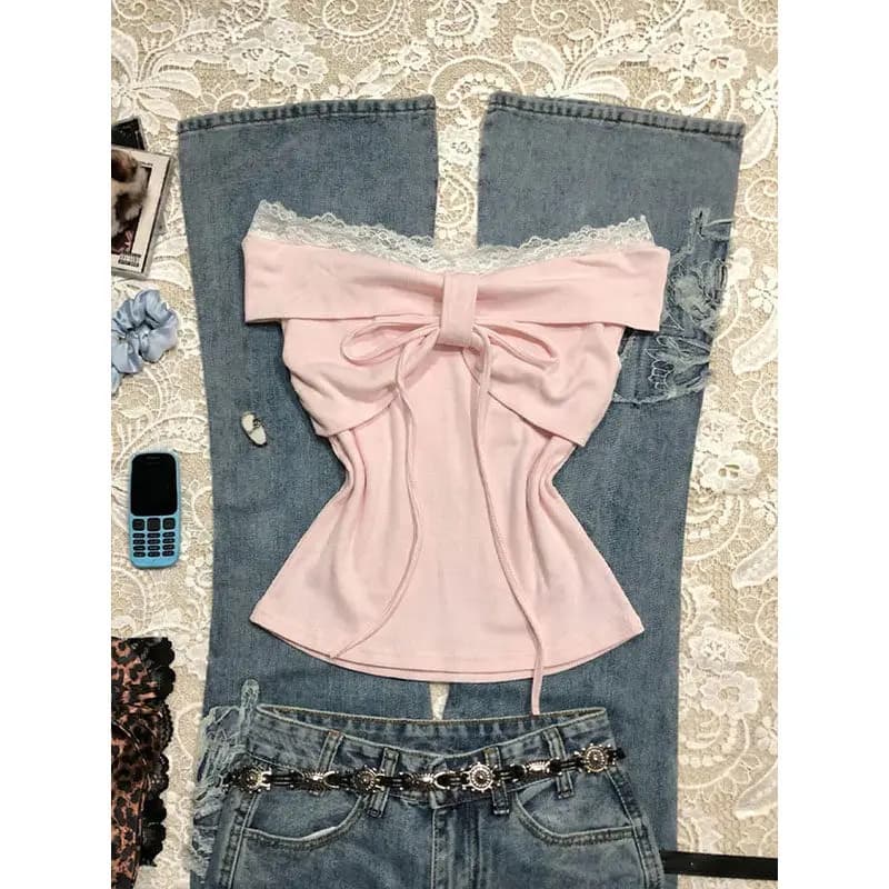 T-shirt asymétrique à manches courtes avec nœud en dentelle pour femme, tendance et à la mode, haut 