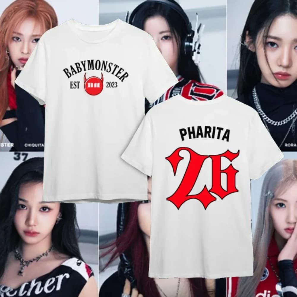 T-shirt Babymonster pour femme, col rond, imprimé, Bias Ahyeon Asa Rami Rora Ruka Rami Pharita Chiqu