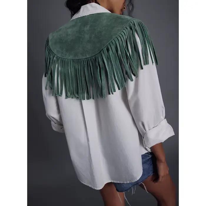 Gilet en daim vintage Y2K pour femme, style hippie années 70, sans manches, ouvert sur le devant, avec franges et patchwork, col à franges
