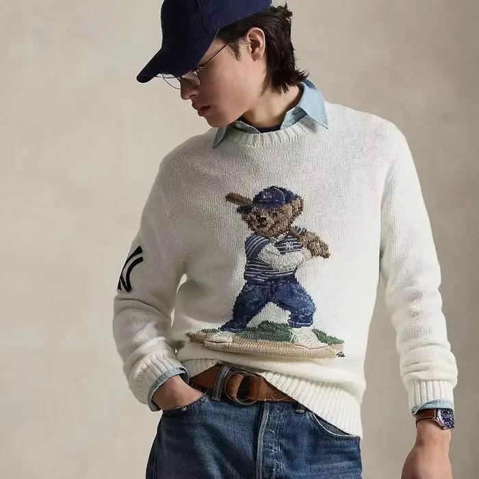 Pull en tricot épais Yankees Baseball Bear, mélange coton et lin, manches longues, col rond, broderi