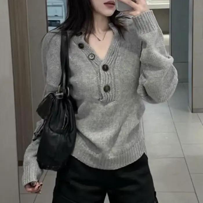 Chandails gris à col en v printemps automne hiver nouveau pull tricoté pull tout-match mode décontra