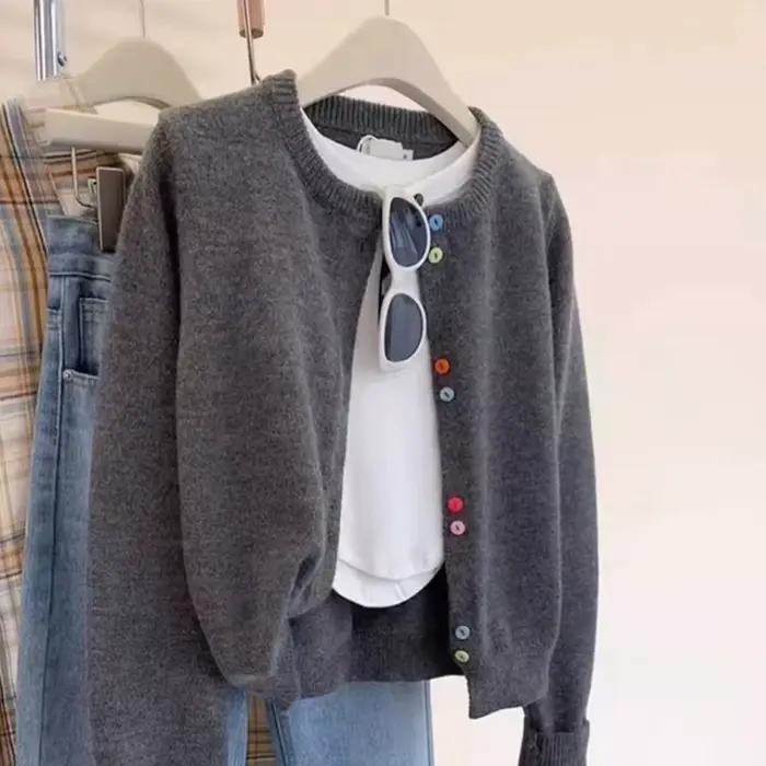 Cardigan chic pour femme 100% laine, col rond, boutons colorés, vêtements printemps automne hiver, h